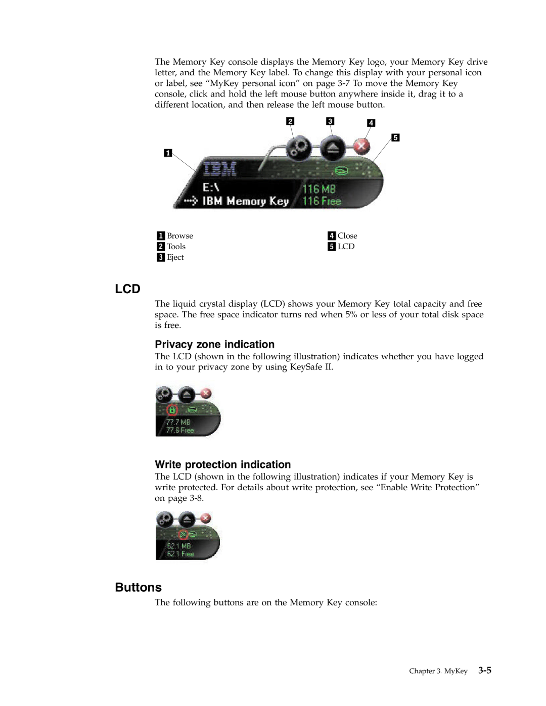 IBM 2 manual Lcd, Buttons 