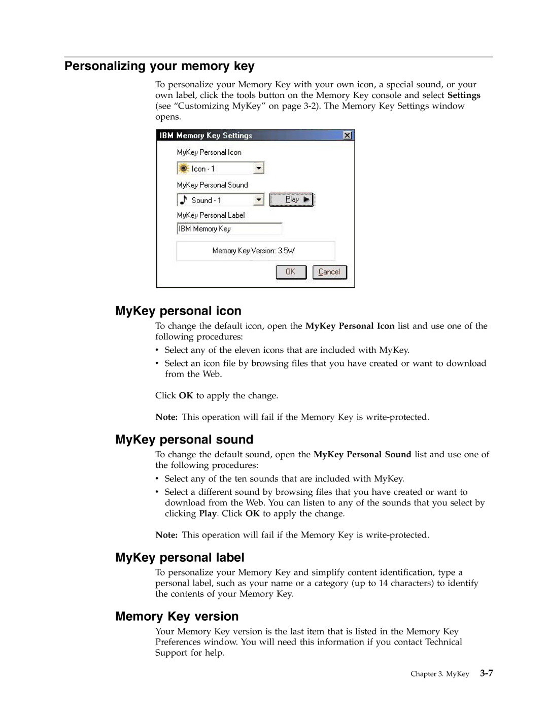 IBM 2 Personalizing your memory key, MyKey personal icon, MyKey personal sound, MyKey personal label, Memory Key version 