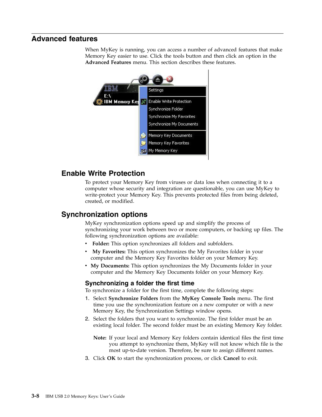 IBM 2 manual Advanced features, Enable Write Protection, Synchronization options 