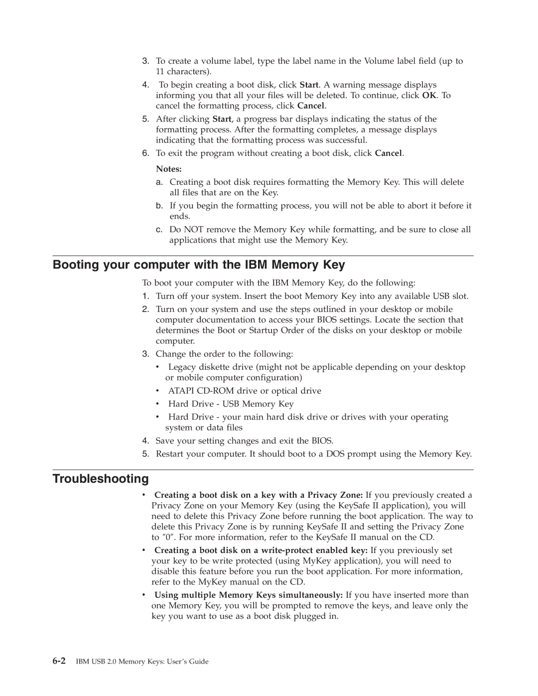 IBM 2 manual Booting your computer with the IBM Memory Key, Troubleshooting 