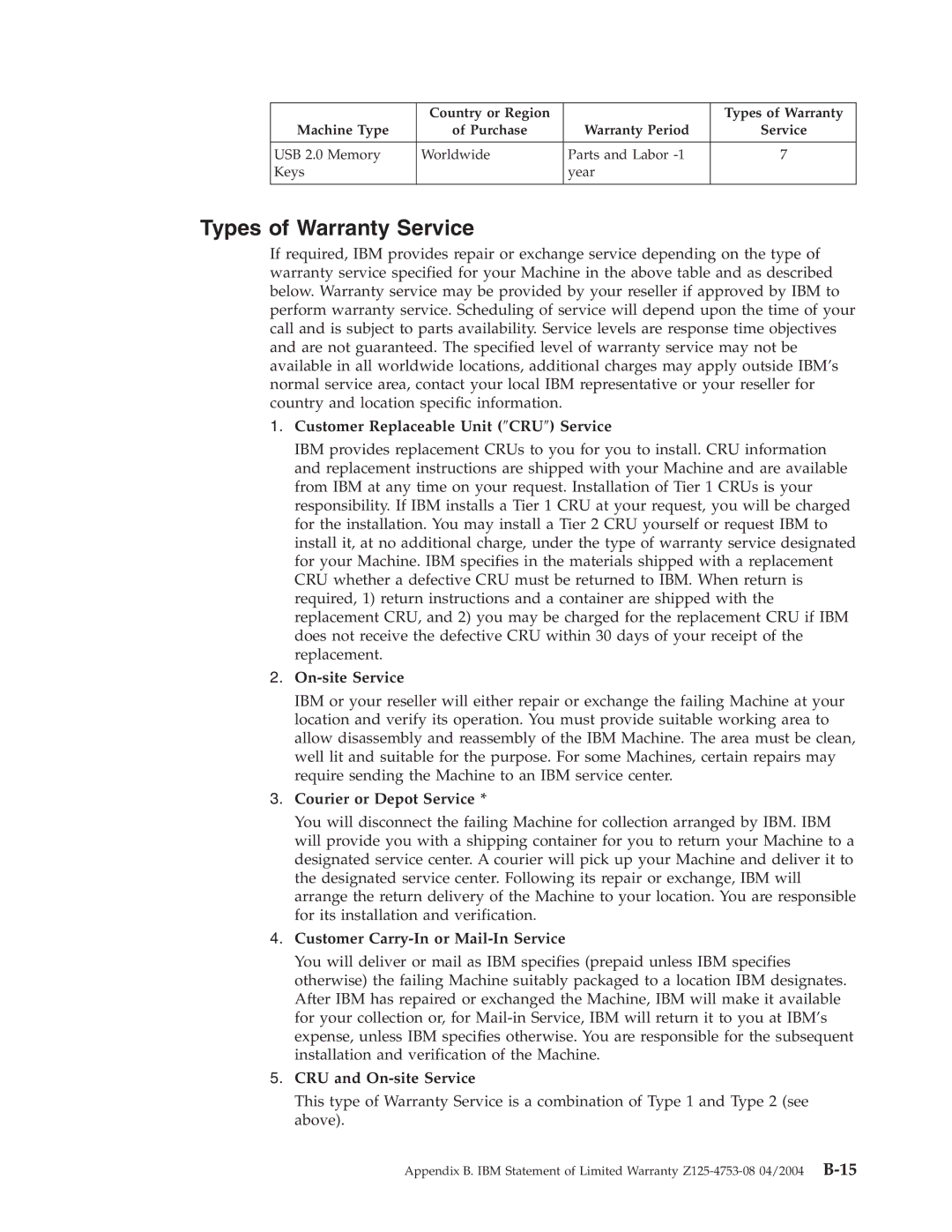 IBM 2 manual Types of Warranty Service 