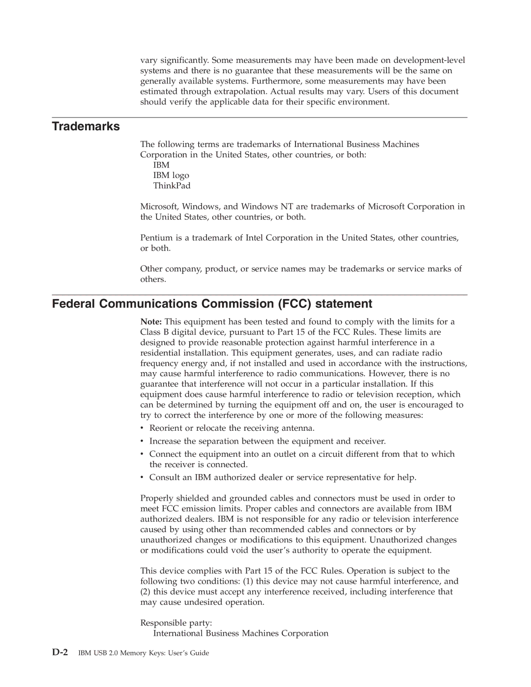 IBM 2 manual Trademarks, Federal Communications Commission FCC statement 