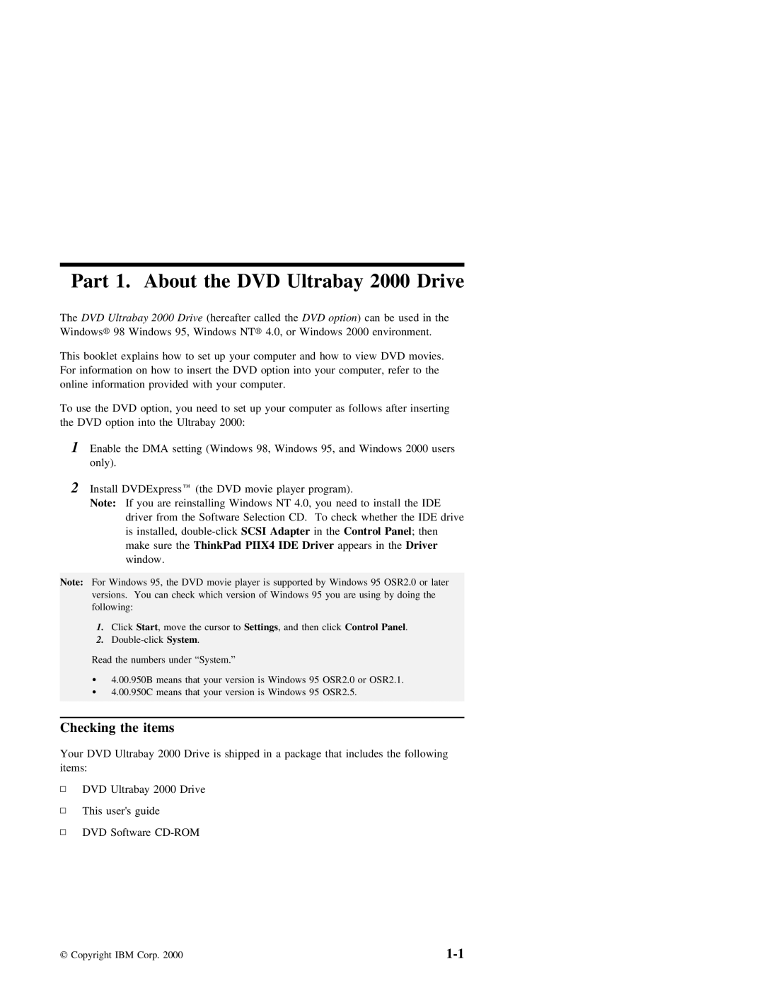 IBM manual Part 1. About the DVD Ultrabay 2000 Drive, Checking the items 