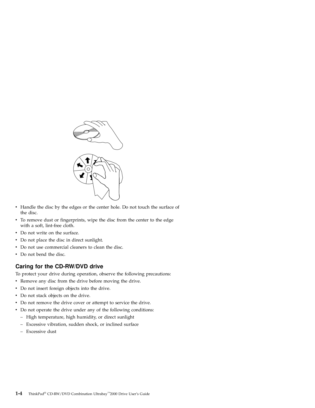 IBM 2000 manual Caring for the CD-RW/DVD drive 