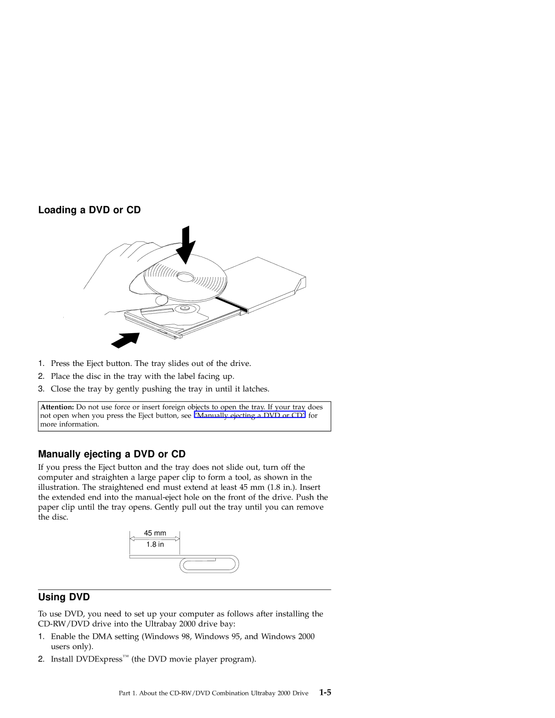 IBM 2000 manual Loading a DVD or CD, Manually ejecting a DVD or CD, Using DVD 