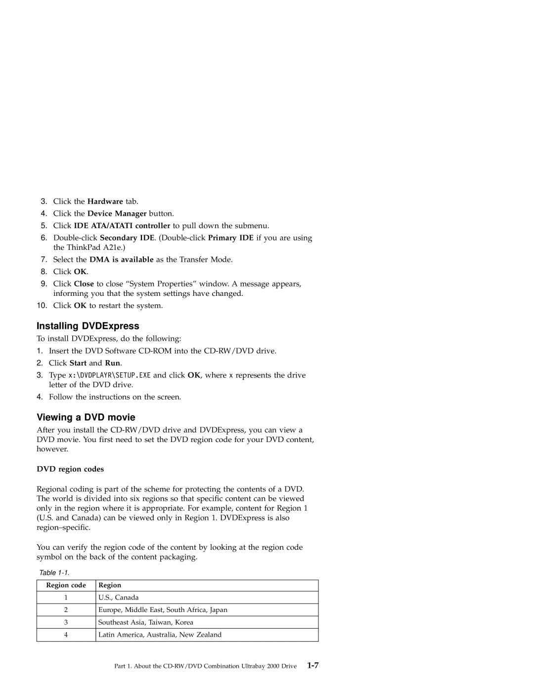 IBM 2000 manual Installing DVDExpress, Viewing a DVD movie, DVD region codes 