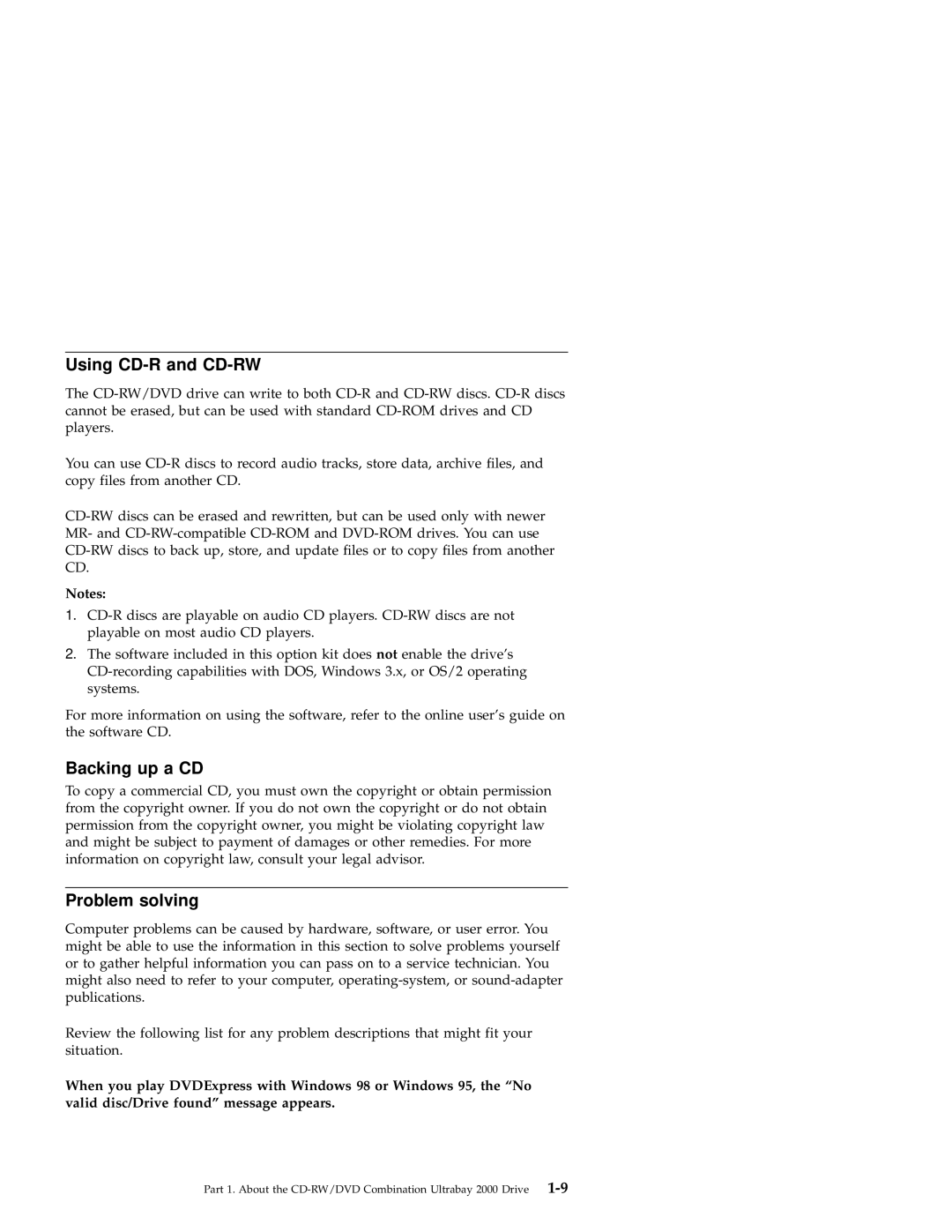 IBM 2000 manual Using CD-R and CD-RW, Backing up a CD, Problem solving 