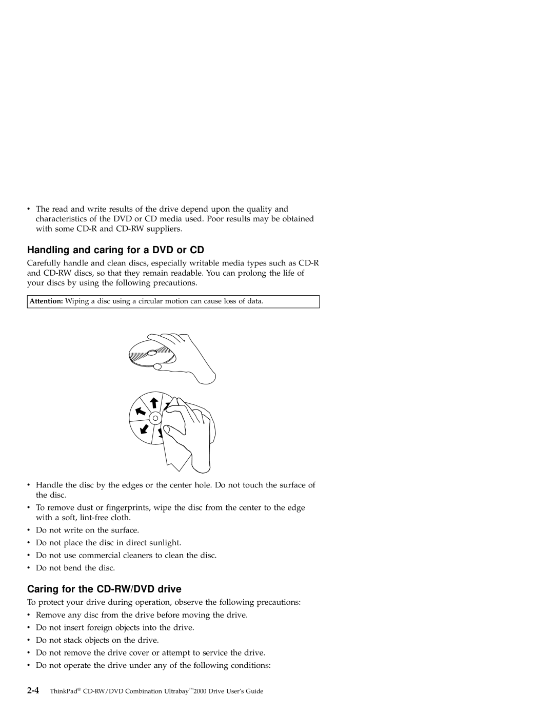 IBM 2000 manual Handling and caring for a DVD or CD 