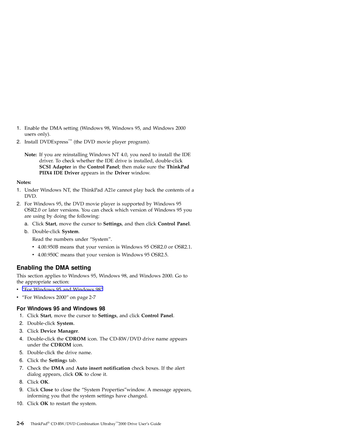 IBM 2000 manual Enabling the DMA setting 