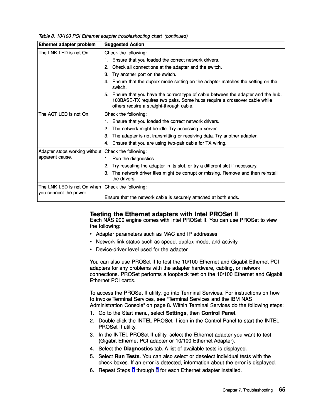 IBM 201 manual Testing the Ethernet adapters with Intel PROSet 