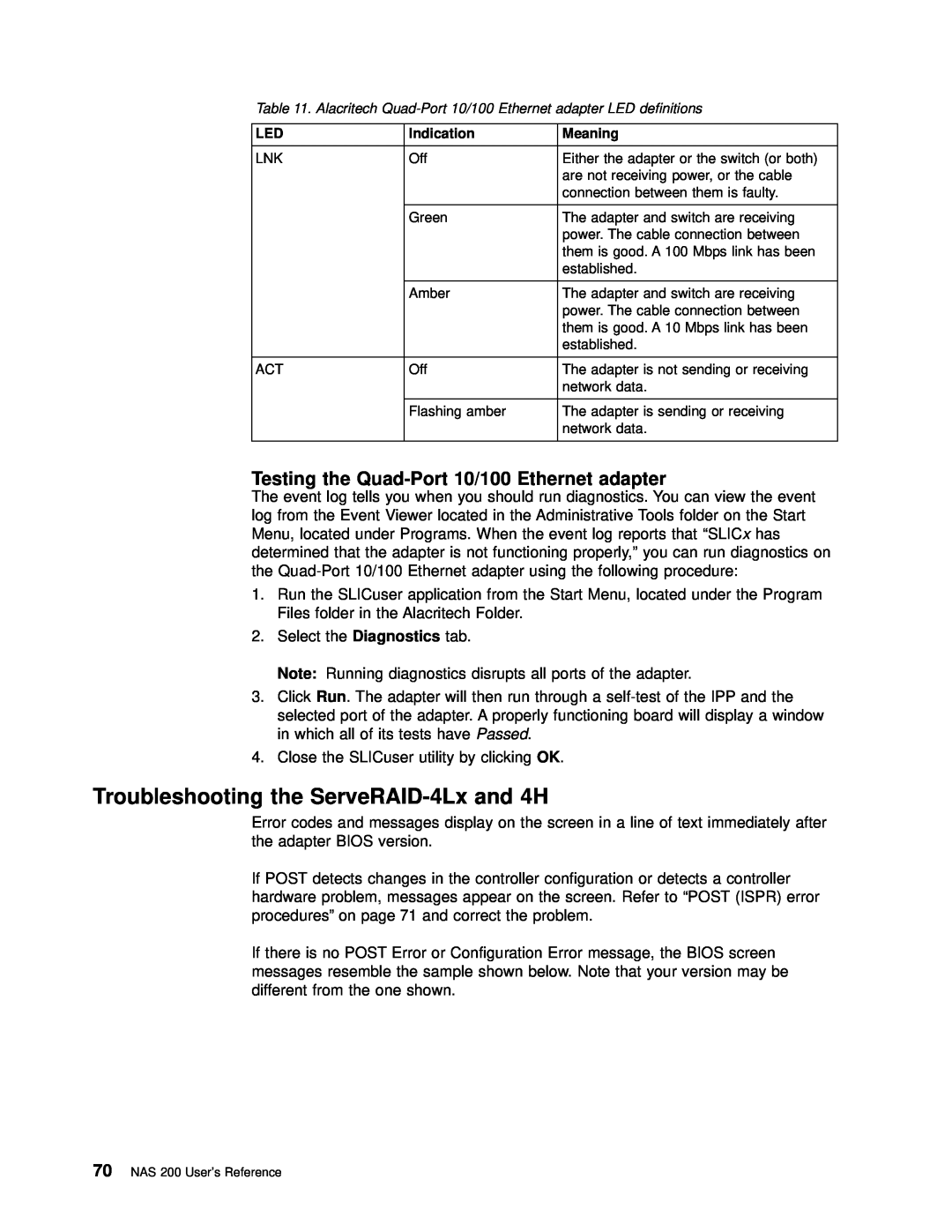 IBM 201 manual Troubleshooting the ServeRAID-4Lx and 4H, Testing the Quad-Port 10/100 Ethernet adapter 