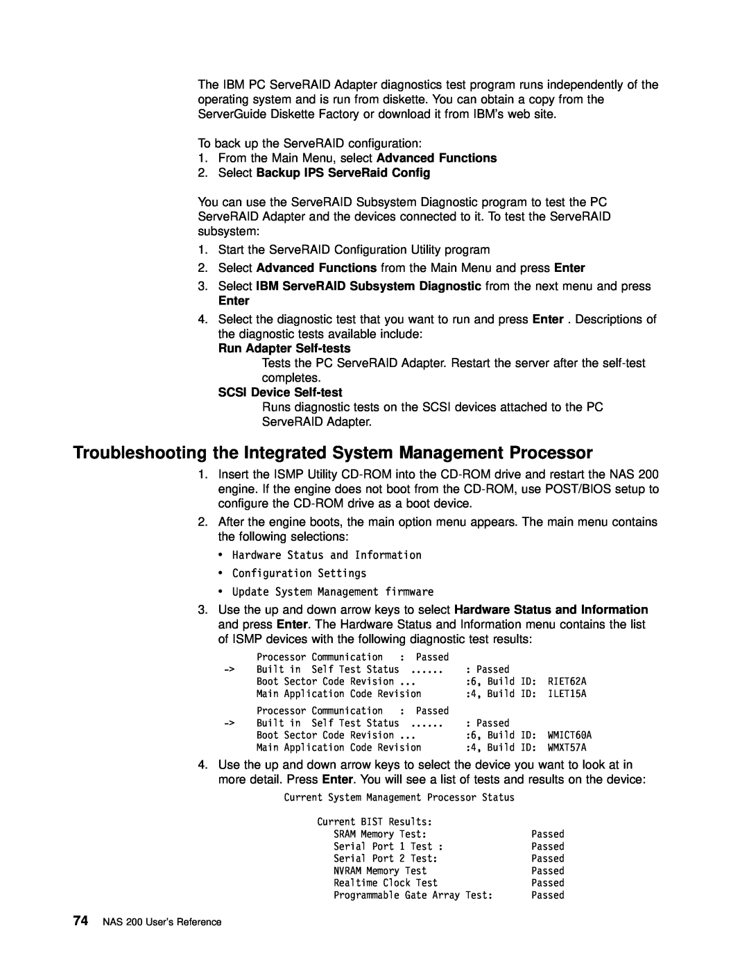 IBM 201 manual Troubleshooting the Integrated System Management Processor, Select Backup IPS ServeRaid Config, Enter 