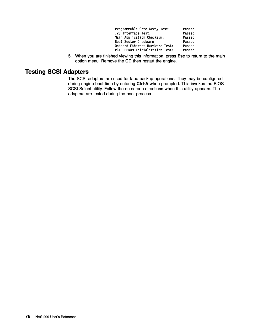 IBM 201 manual Testing SCSI Adapters, NAS 200 User’s Reference 
