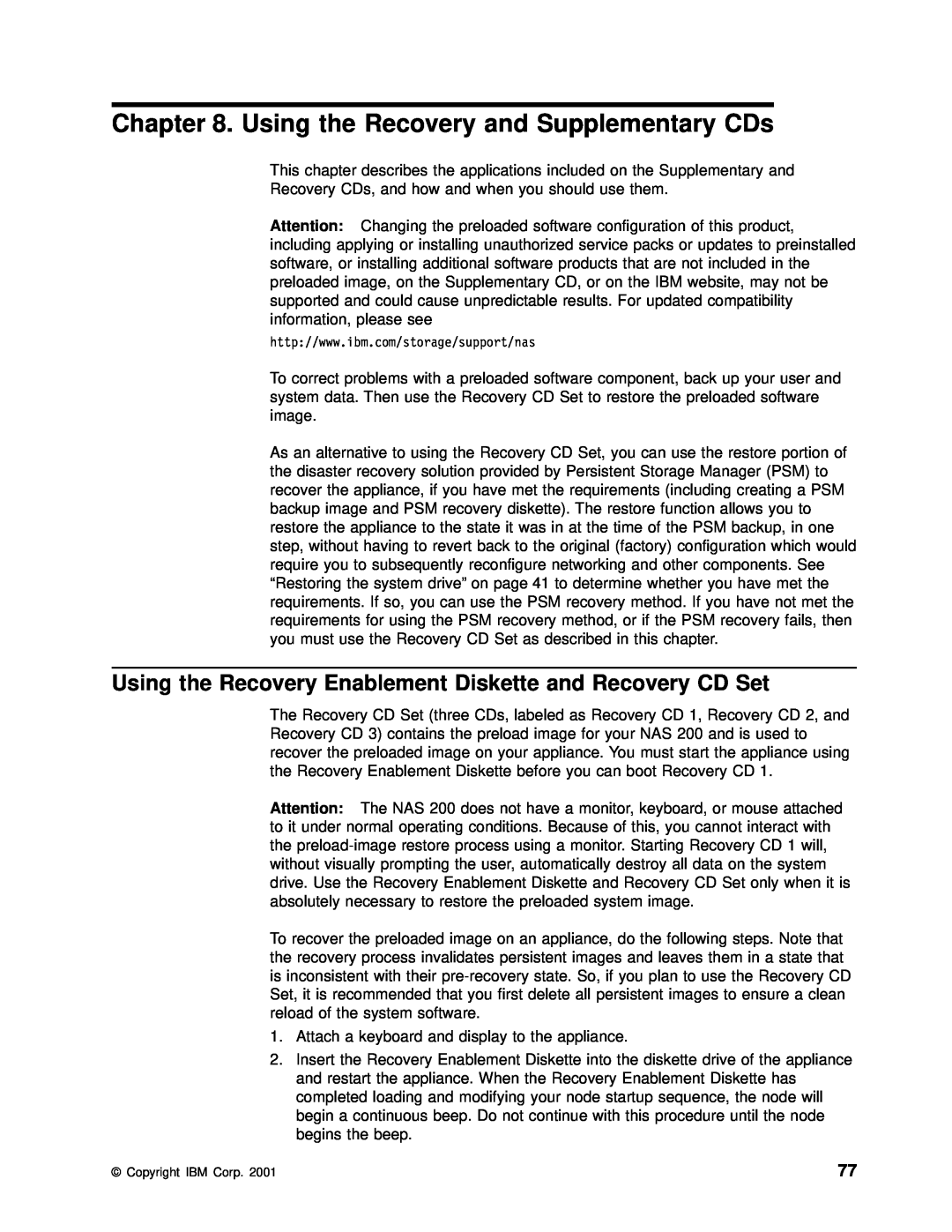 IBM 201 manual Using the Recovery and Supplementary CDs, Using the Recovery Enablement Diskette and Recovery CD Set 