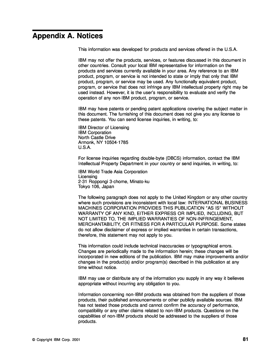 IBM 201 manual Appendix A. Notices 
