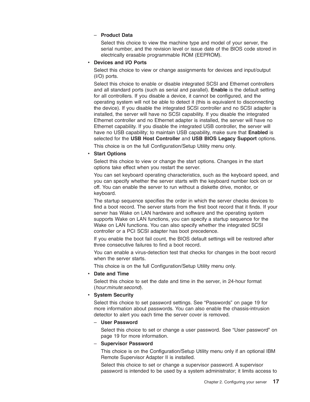 IBM 206 manual Product Data, Devices and I/O Ports, Start Options, Date and Time, System Security, User Password 