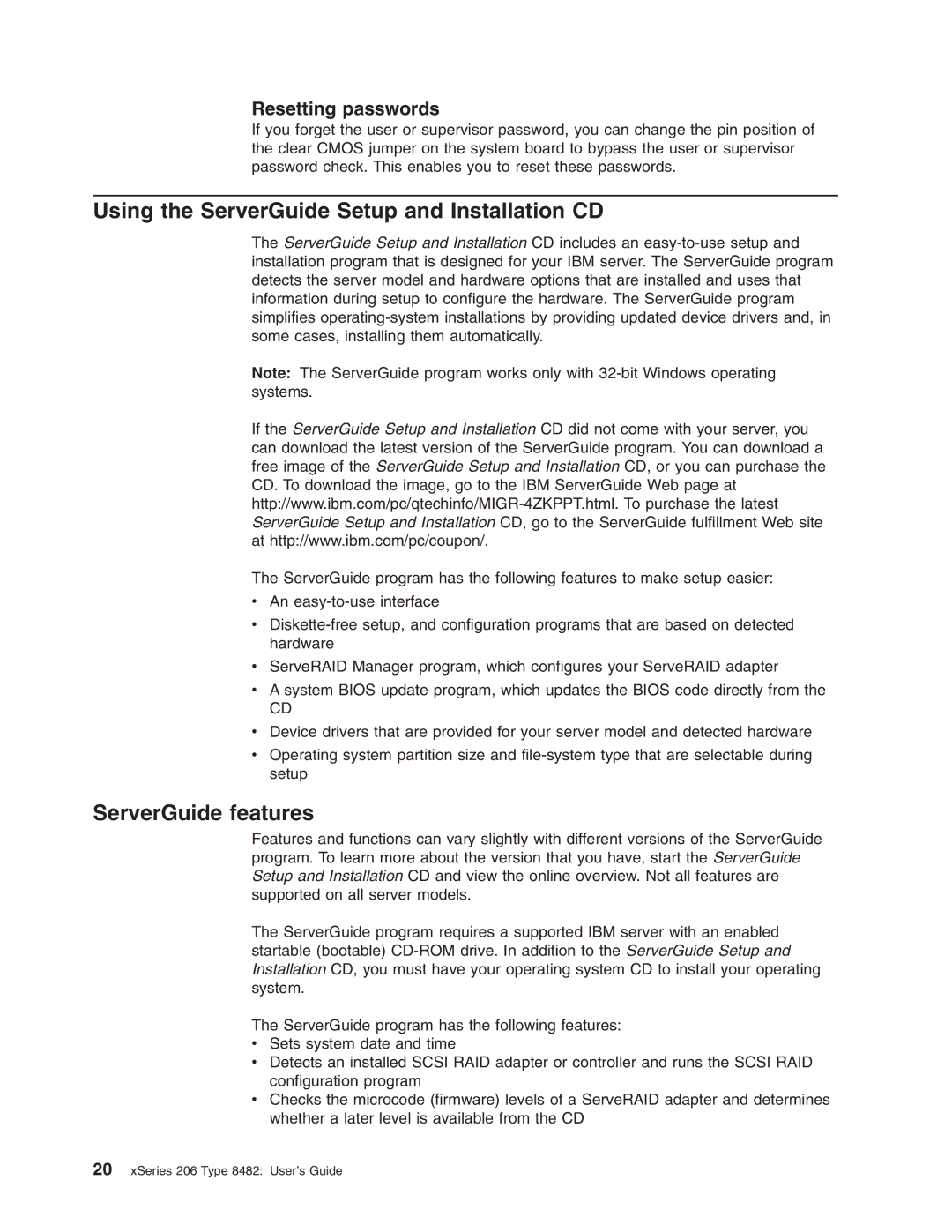 IBM 206 manual Using the ServerGuide Setup and Installation CD, ServerGuide features 