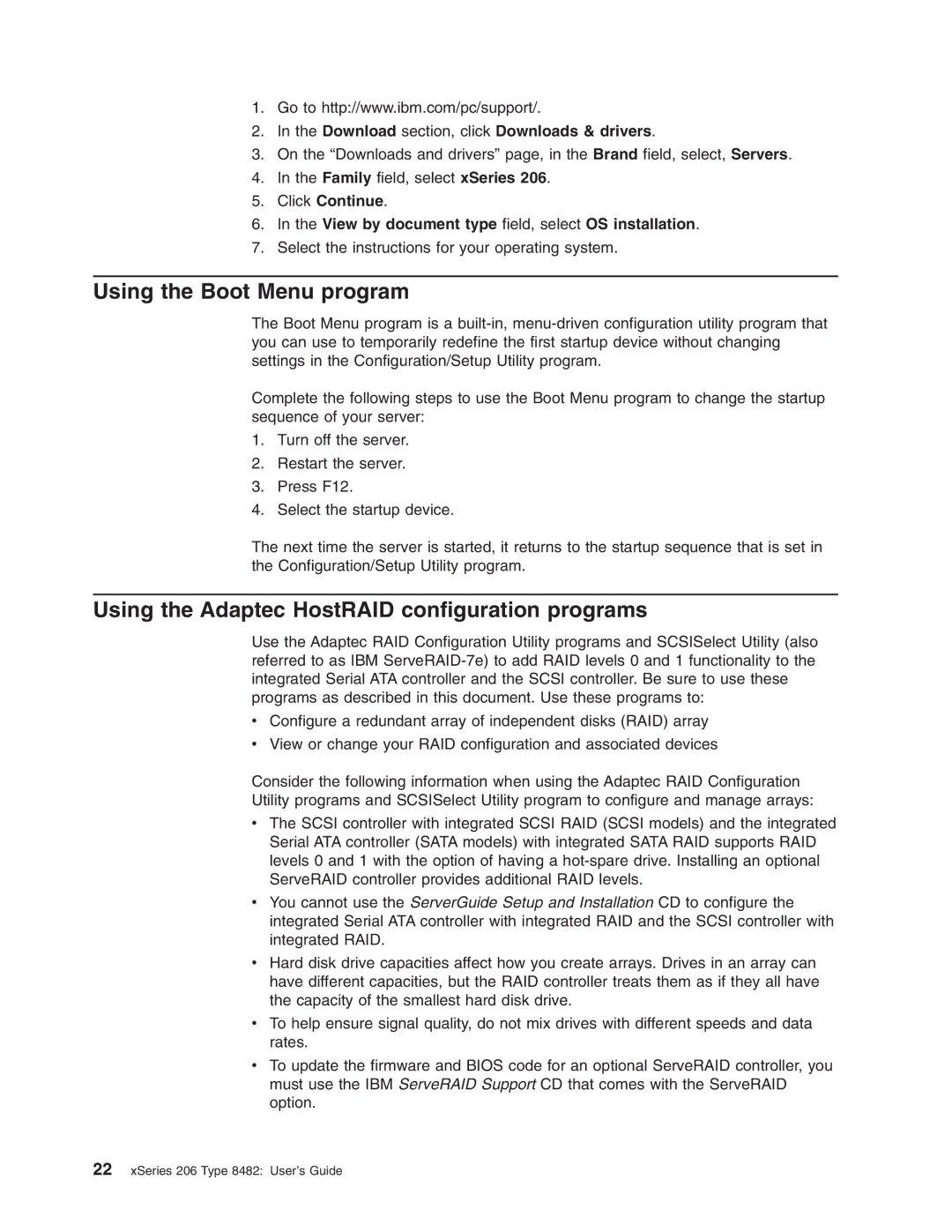 IBM 206 manual Using the Boot Menu program, Using the Adaptec HostRAID configuration programs 