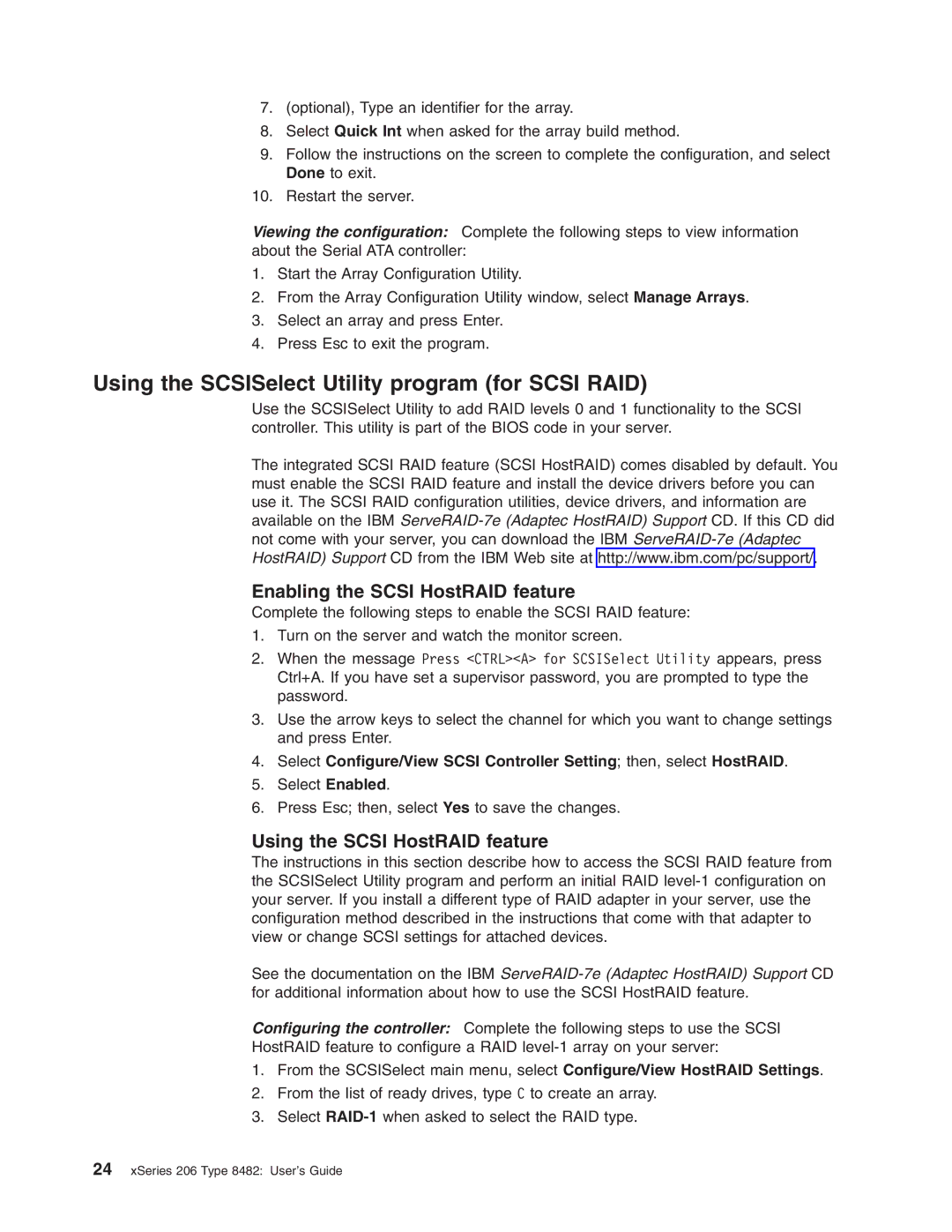 IBM 206 manual Using the SCSISelect Utility program for Scsi RAID, Enabling the Scsi HostRAID feature 