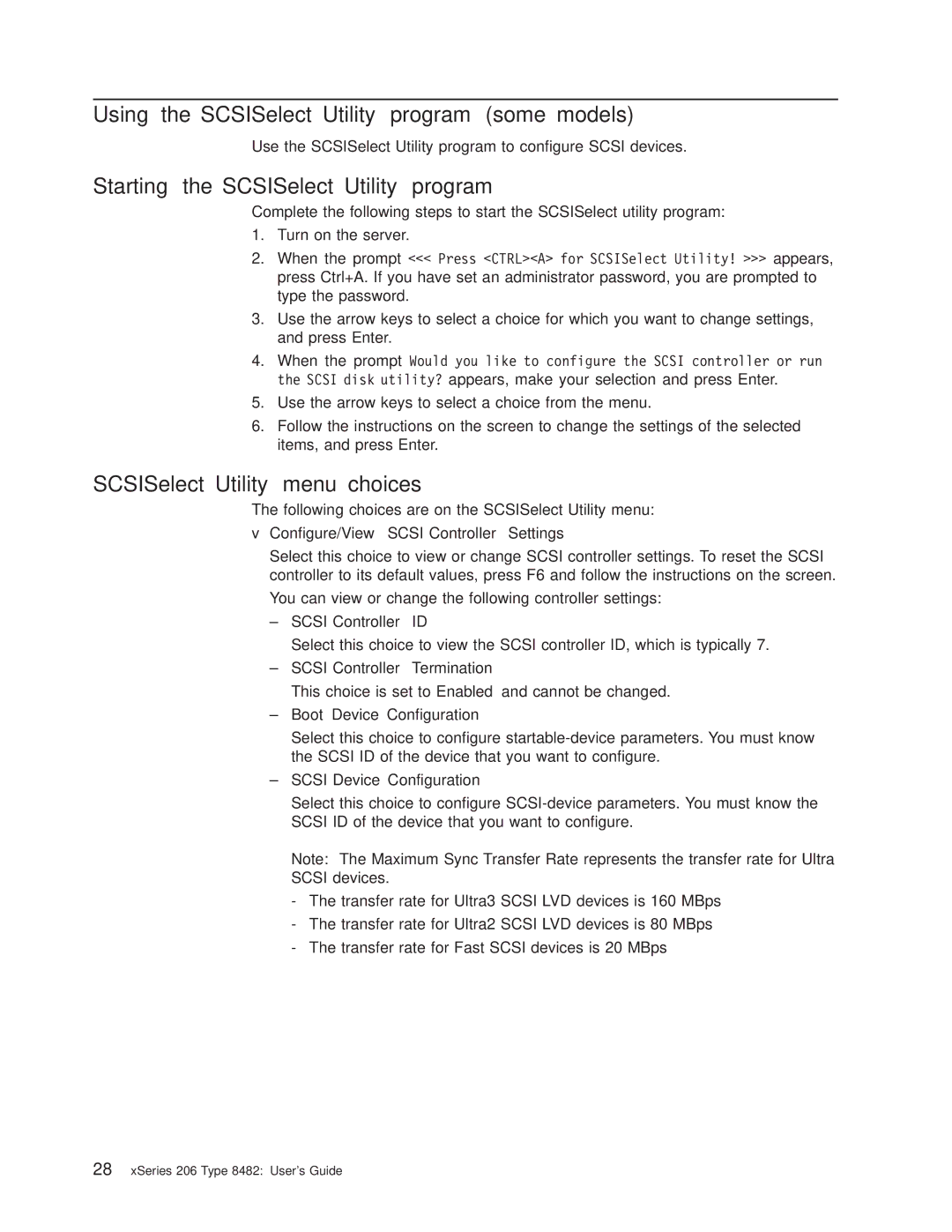 IBM 206 manual Using the SCSISelect Utility program some models, Starting the SCSISelect Utility program 