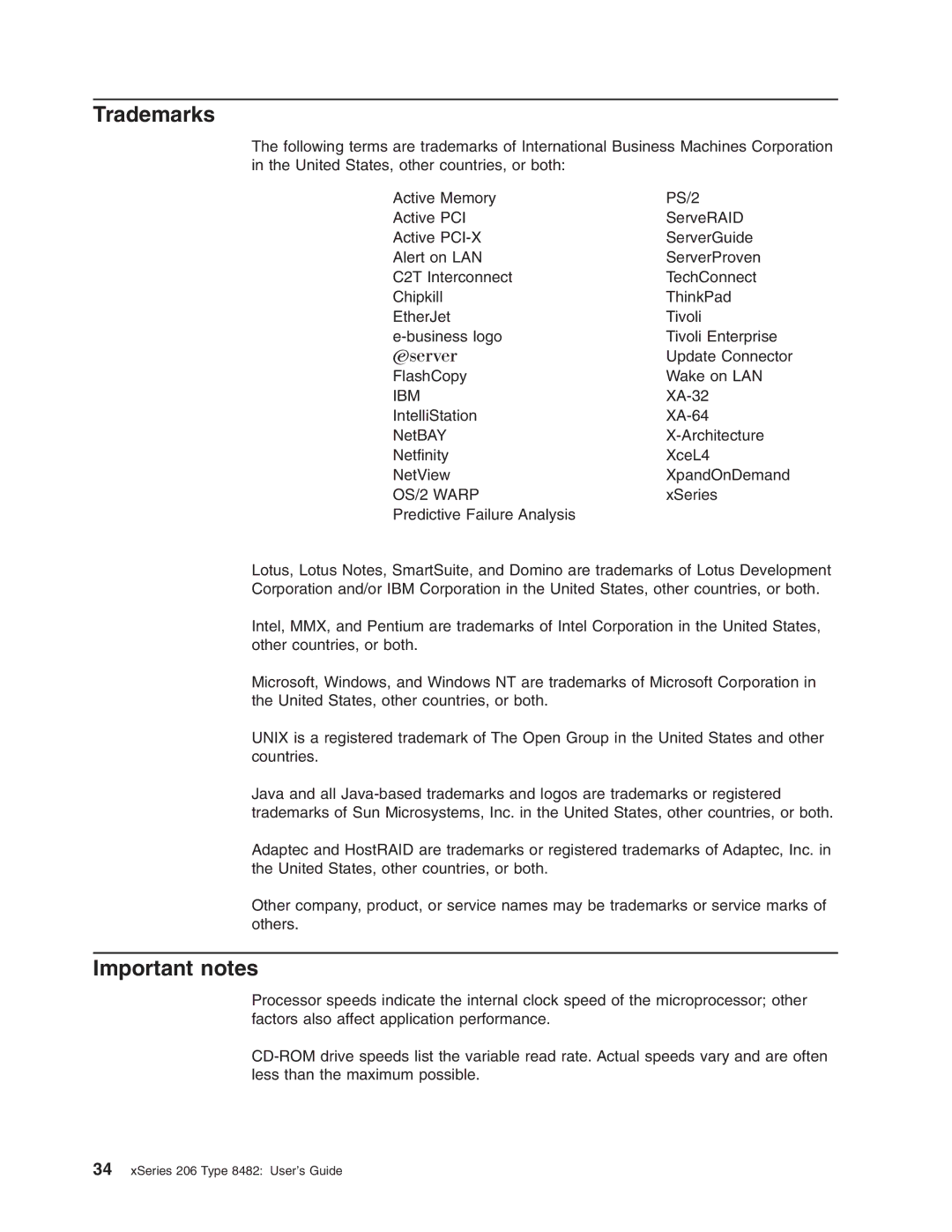 IBM 206 manual Trademarks, Important notes 