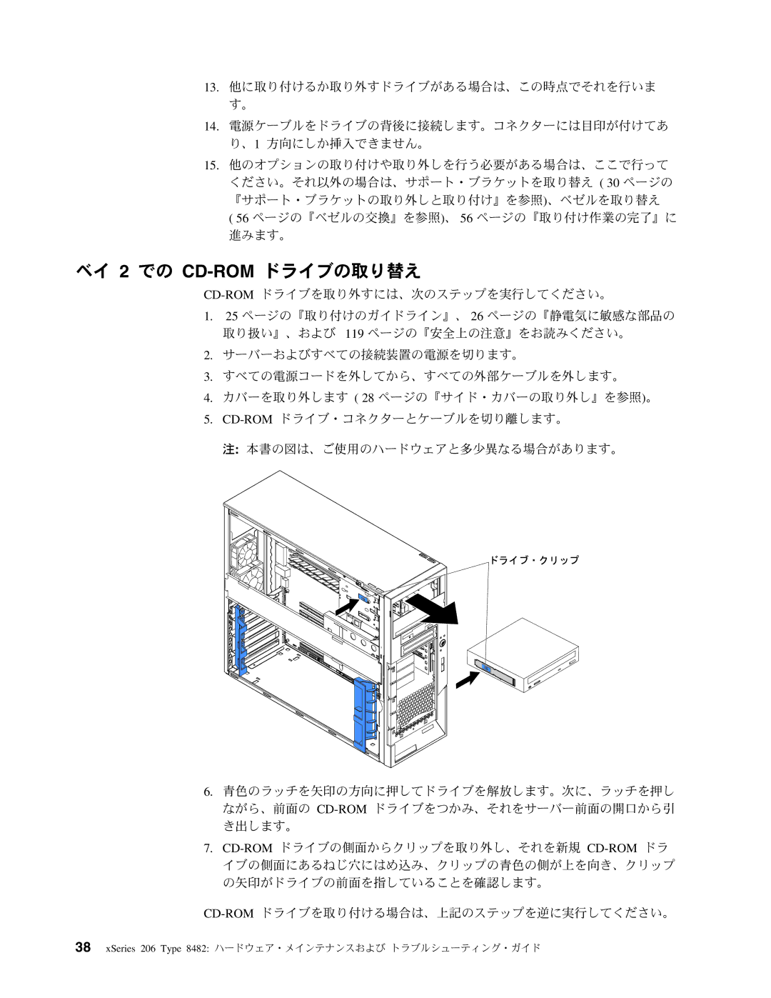 IBM 206 manual ベイ 2 での CD-ROMドライブの取り替え 