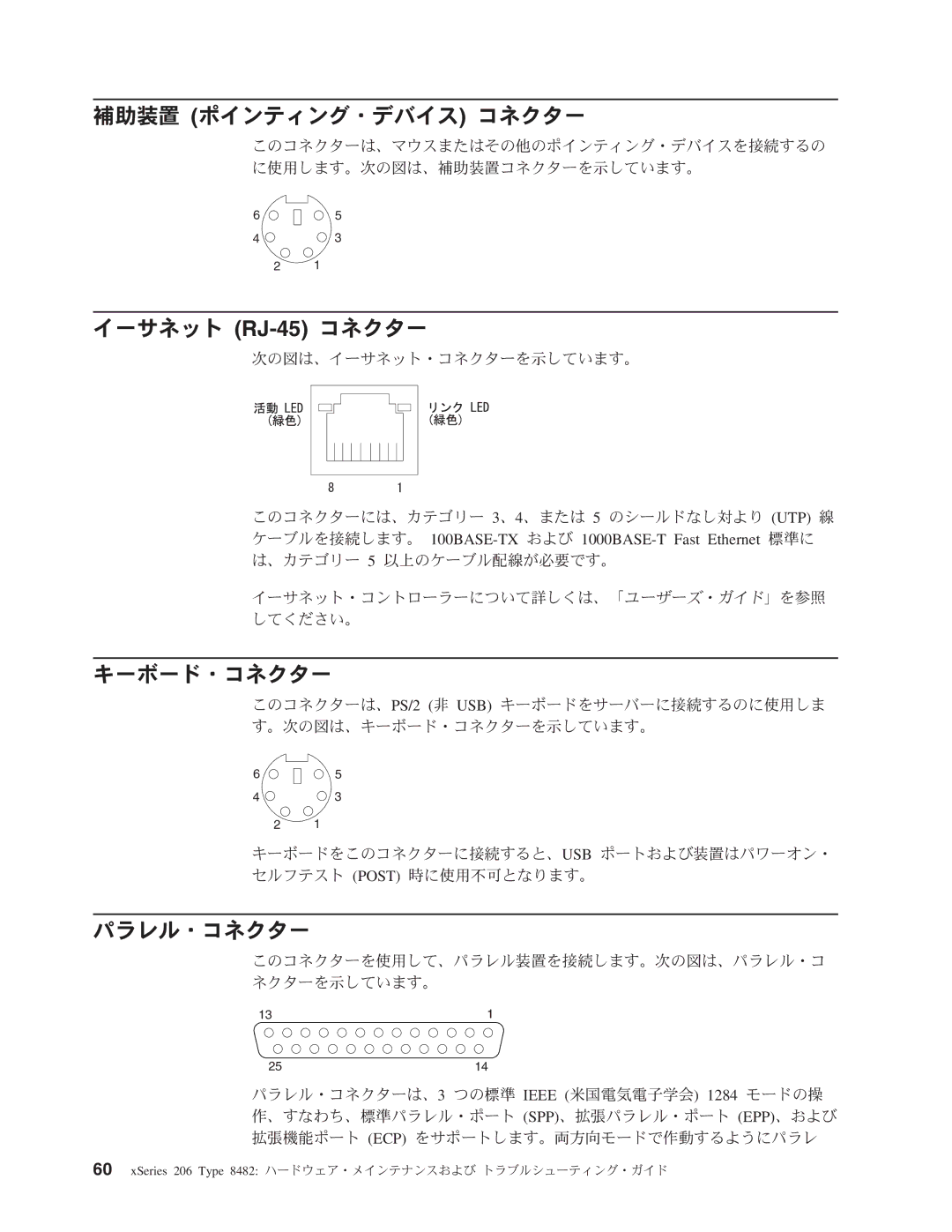 IBM 206 manual 補助装置 ポインティング・デバイス コネクター, イーサネット RJ-45コネクター, キーボード・コネクター, パラレル・コネクター 