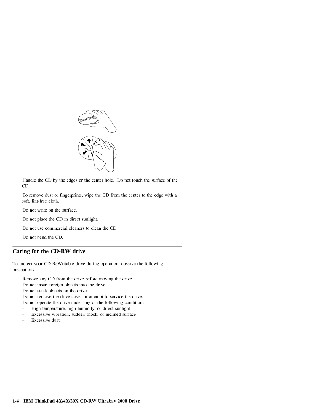 IBM 20X manual Caring for the CD-RW drive 