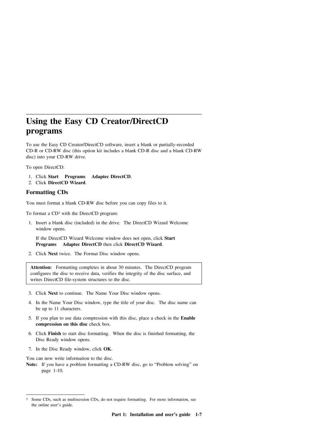 IBM 20X manual Using the Easy CD Creator/DirectCD programs, Formatting CDs 