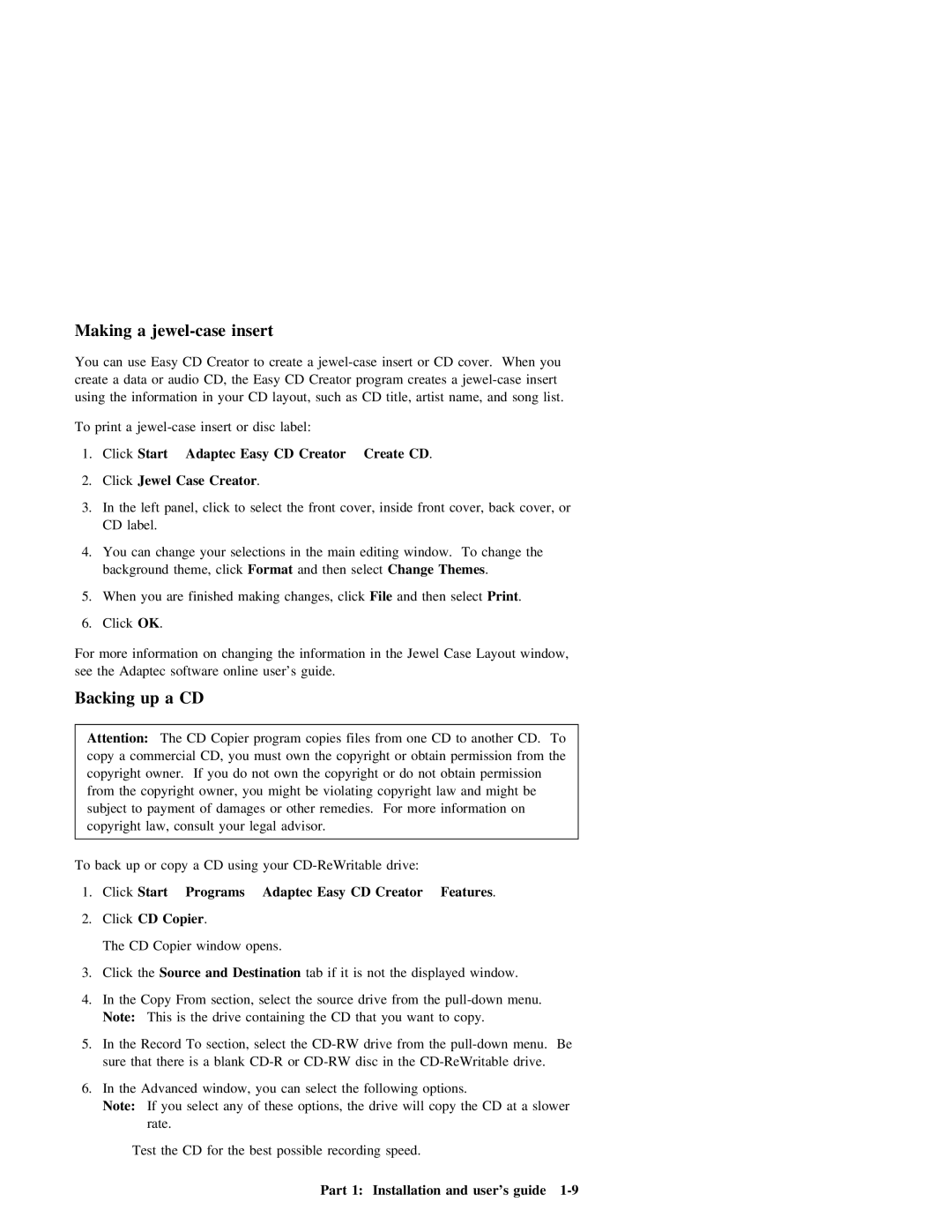 IBM 20X manual Making a jewel-case insert, Backing up a CD 