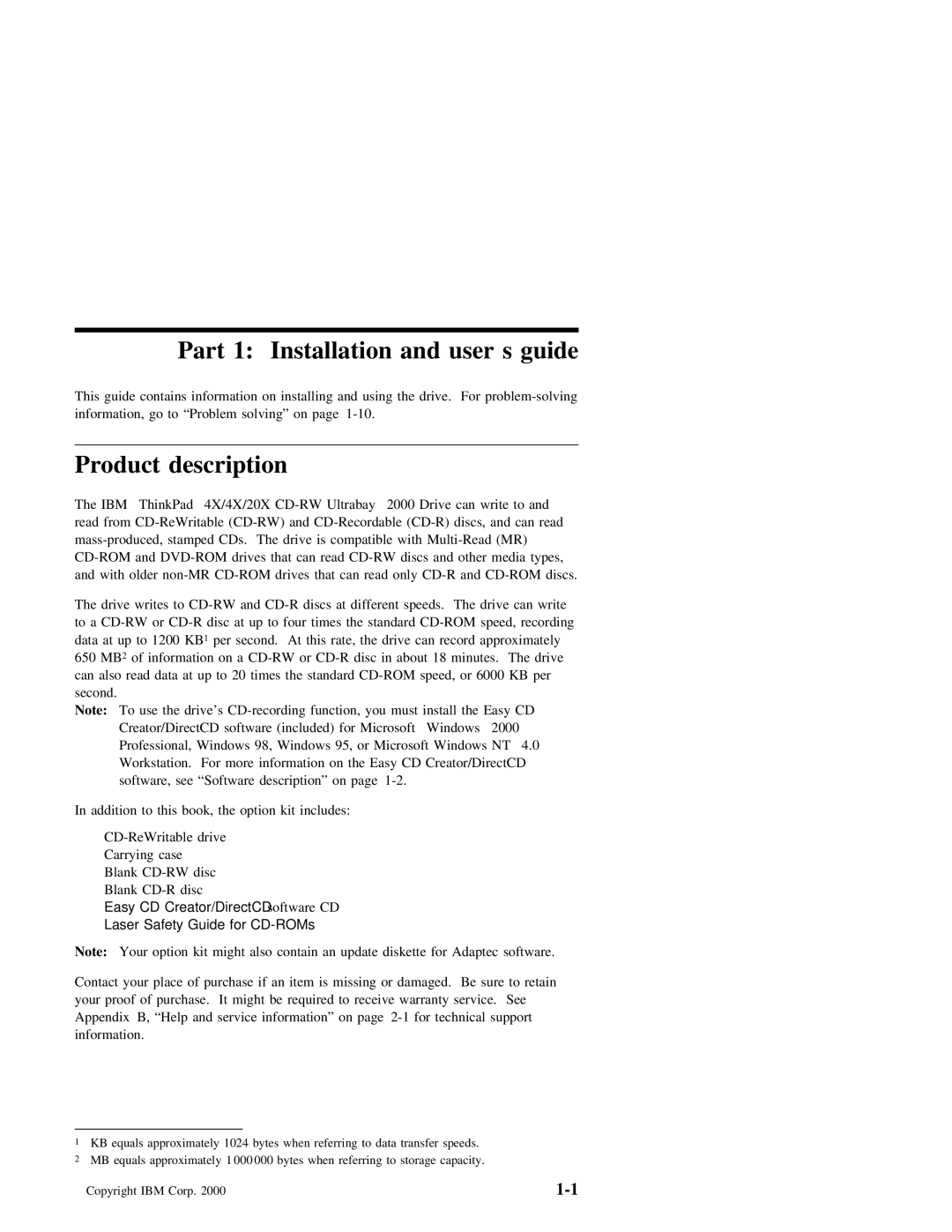 IBM 20X manual Part 1 Installation and user’s guide, Product description 