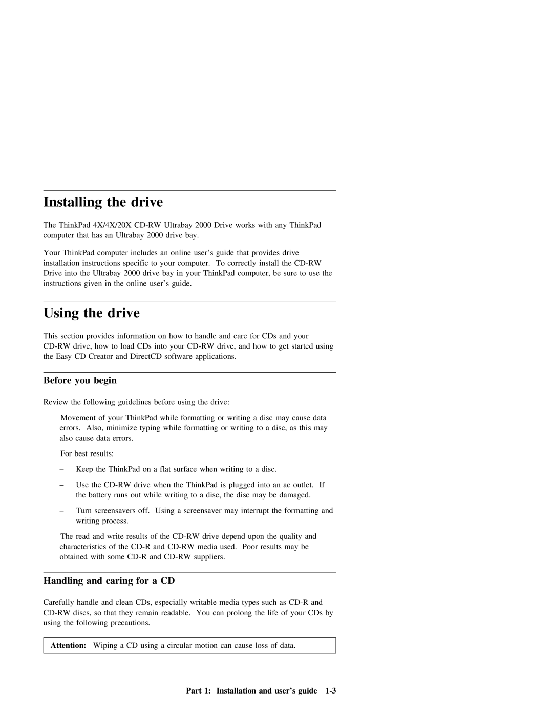 IBM 20X manual Installing the drive, Using the drive, Before you begin, Handling and caring for a CD 