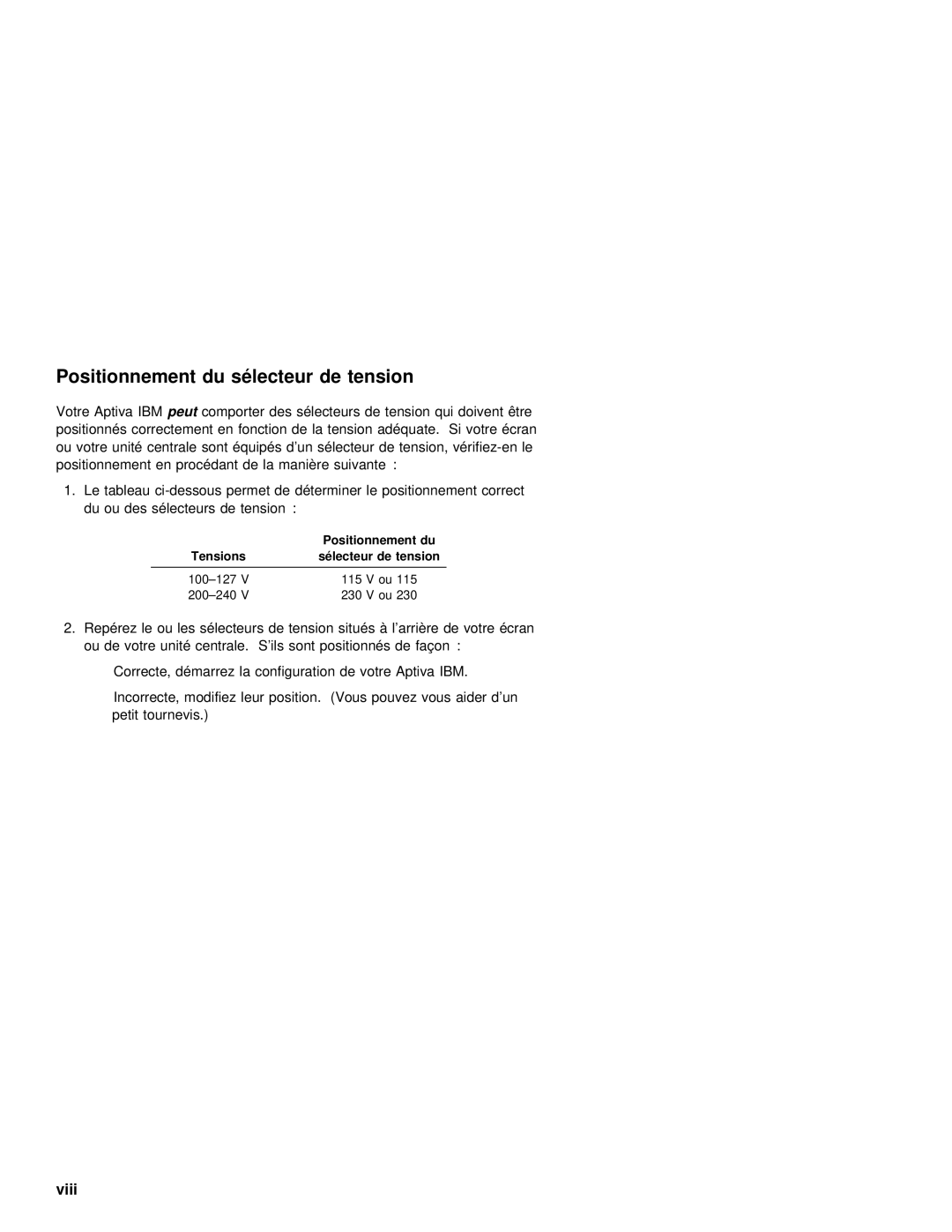 IBM 2142, 2140 manual Positionnement du sélecteur de tension, Viii 