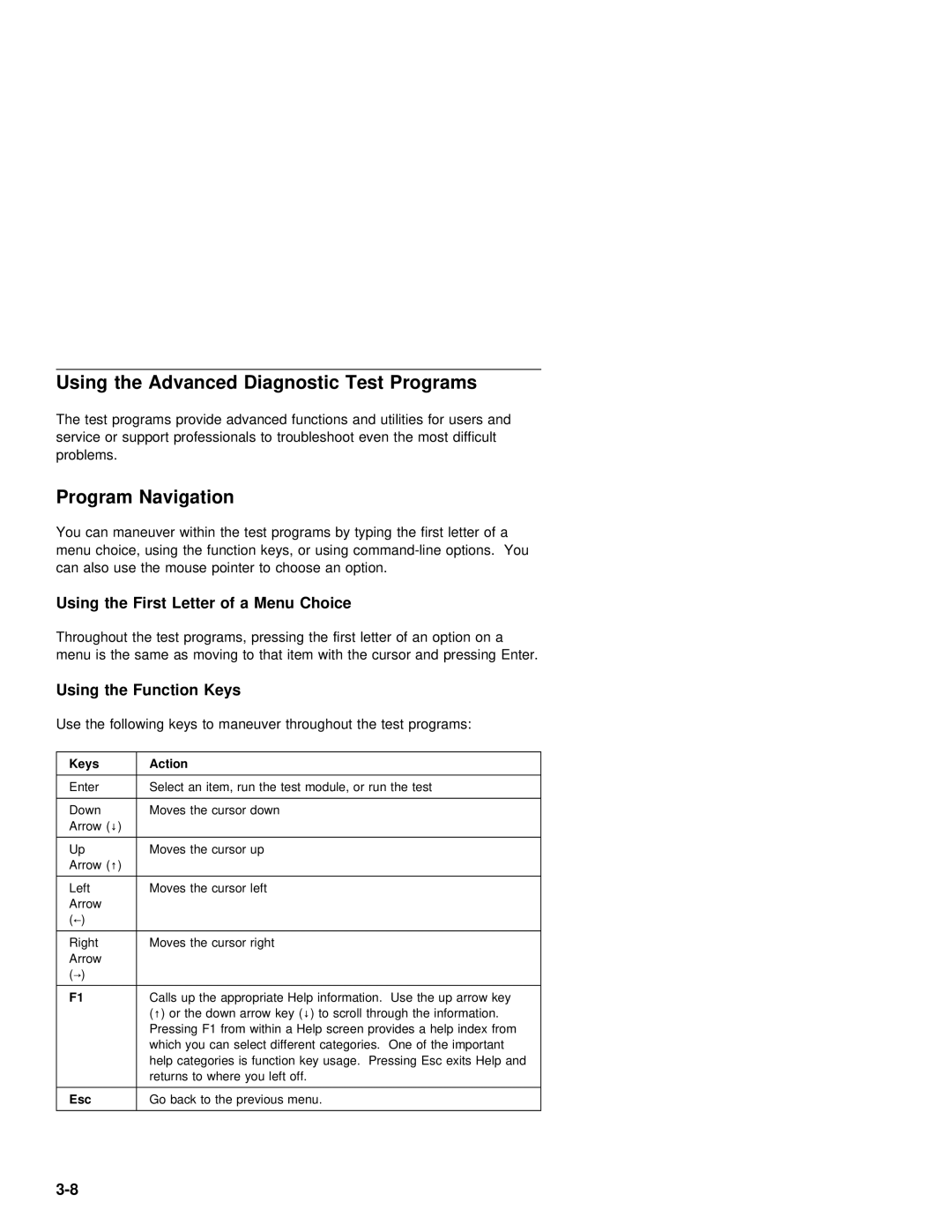 IBM 2142, 2140 manual Using the Advanced Diagnostic Test Programs, Program Navigation, Using First Letter, Keys 