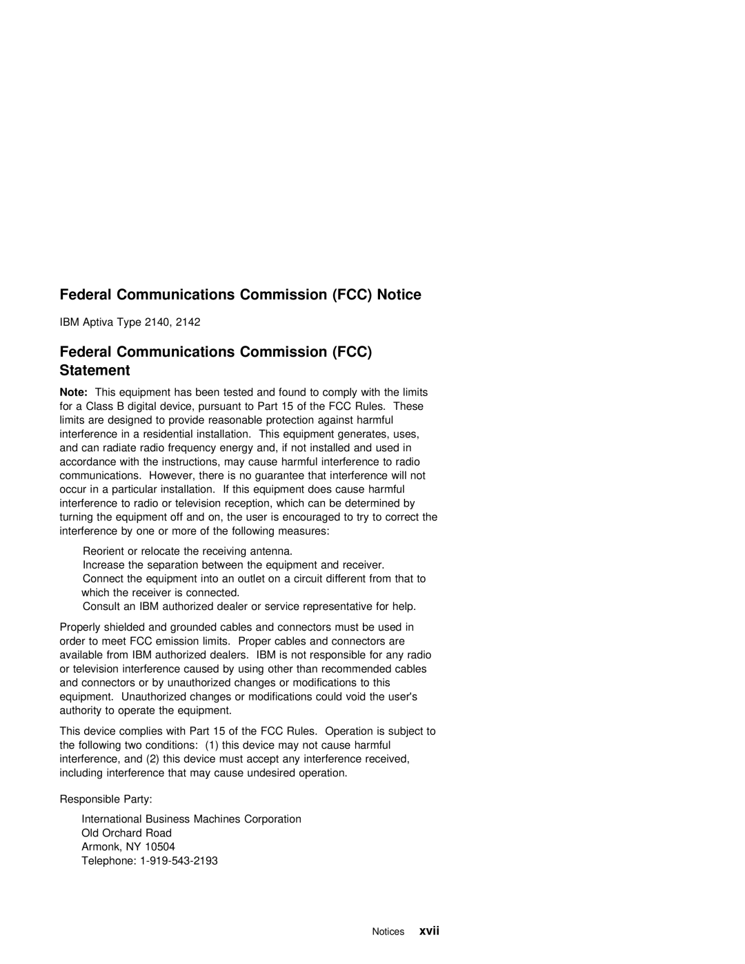 IBM 2140, 2142 manual Federal Communications Commission FCC Notice, Federal Communications Commission FCC Statement 