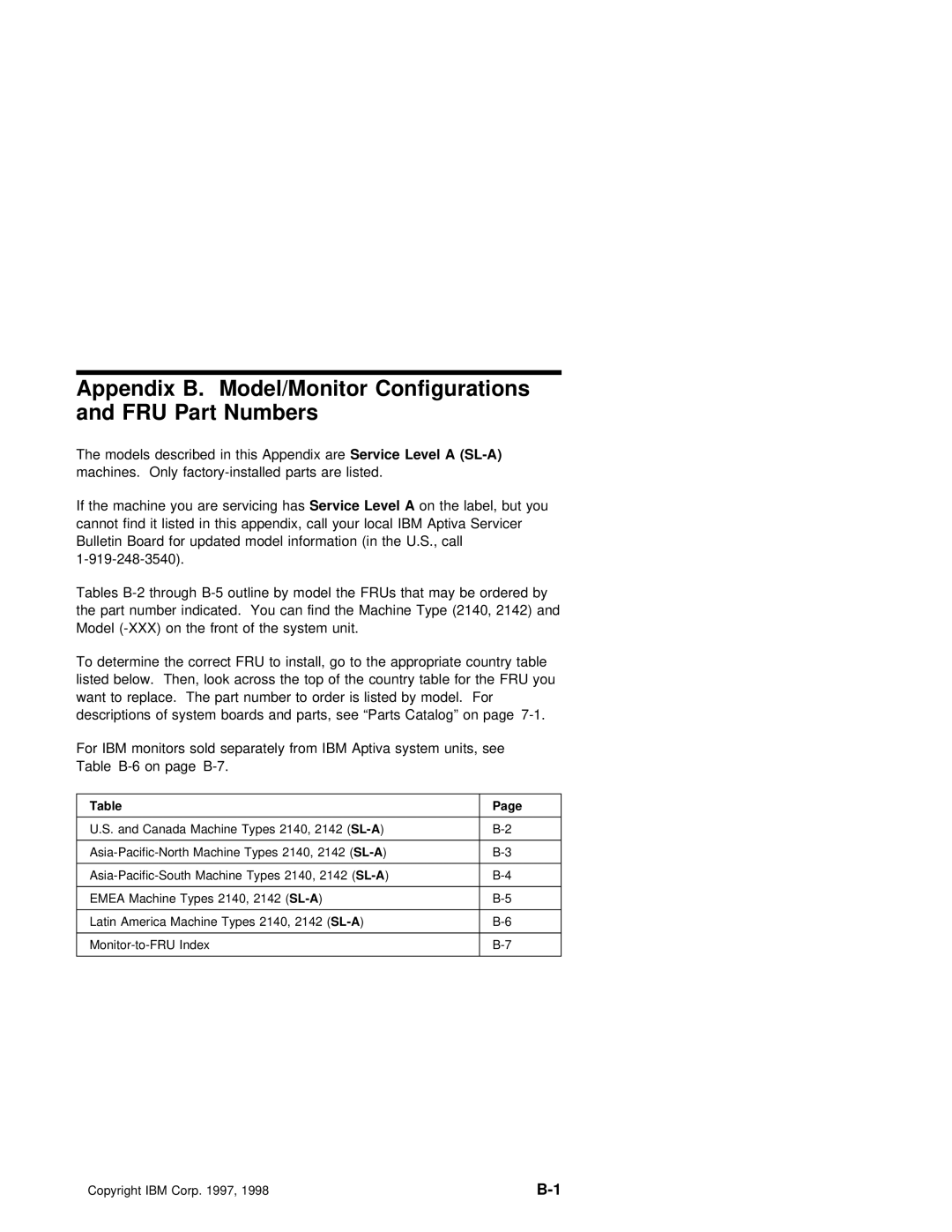 IBM 2140, 2142 manual Appendix B. Model/Monitor Configurations FRU Part Numbers 