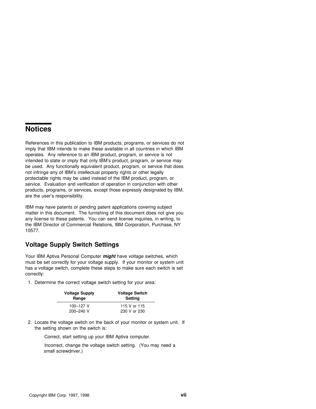 IBM 2140, 2142 manual Voltage Supply Switch Settings, Ibm, Vii 