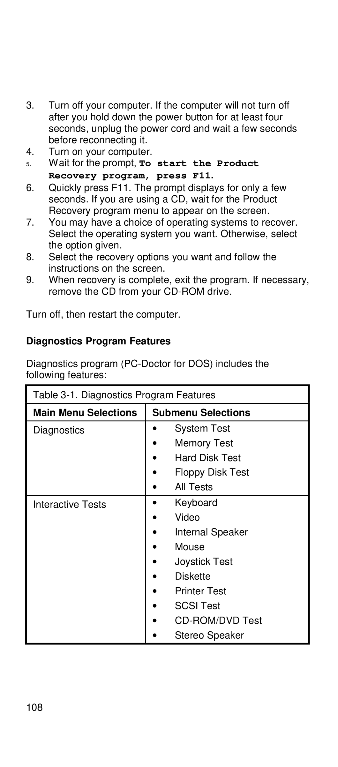 IBM 2169 manual Diagnostics Program Features, Submenu Selections 