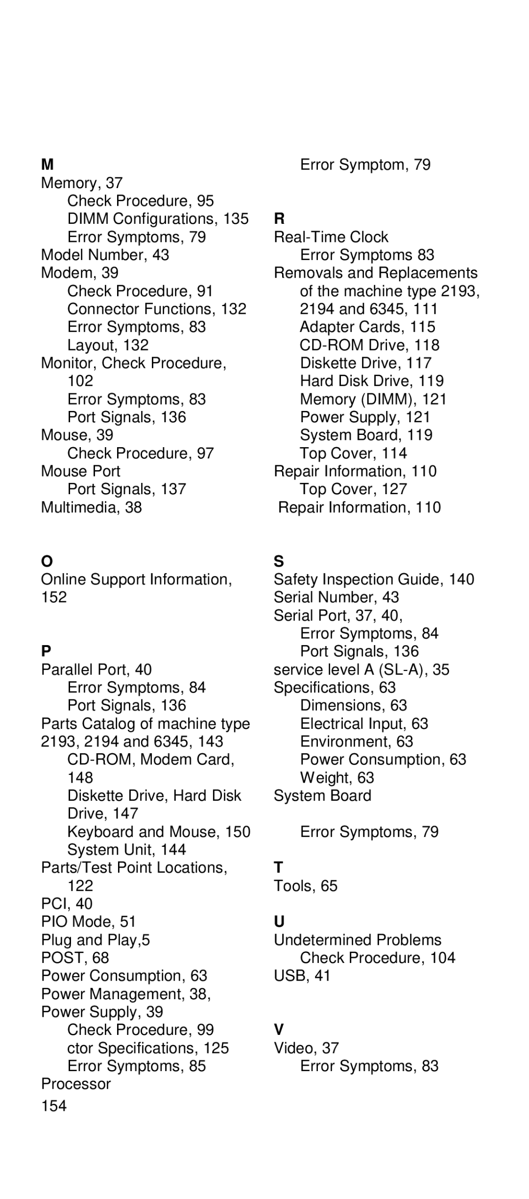 IBM 2169 manual Check Procedure, 99 ctor Specifications, 125 Error Symptoms 