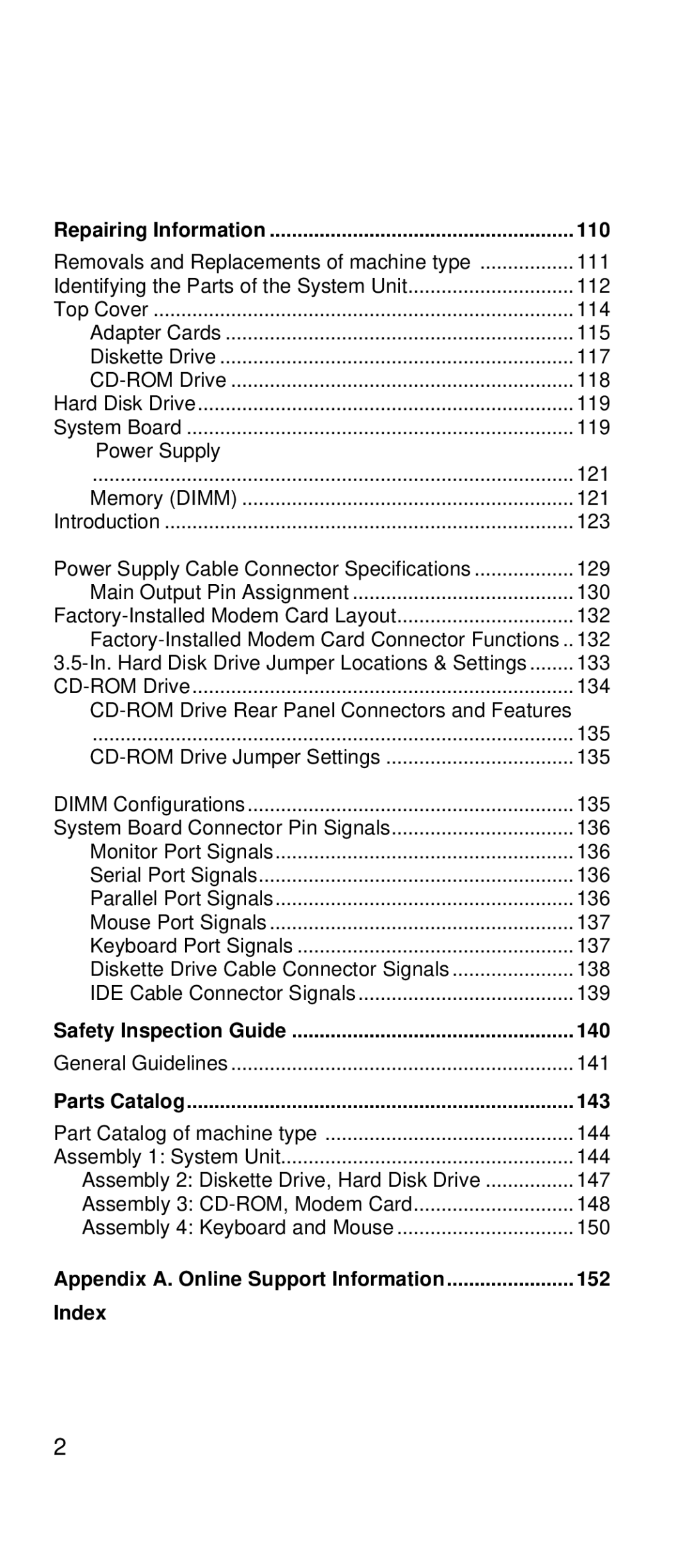 IBM 2169 manual 110, 140, 143, 152 