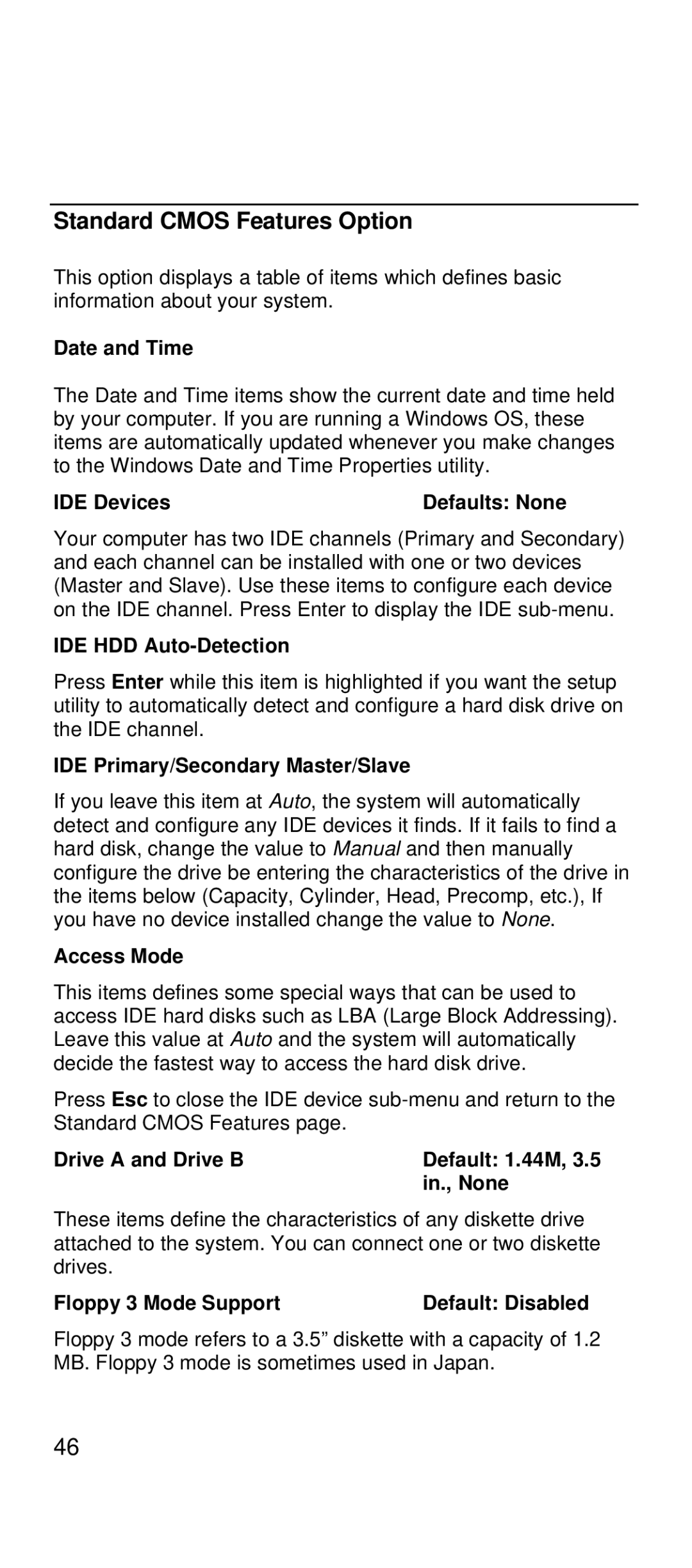 IBM 2169 manual Standard Cmos Features Option 