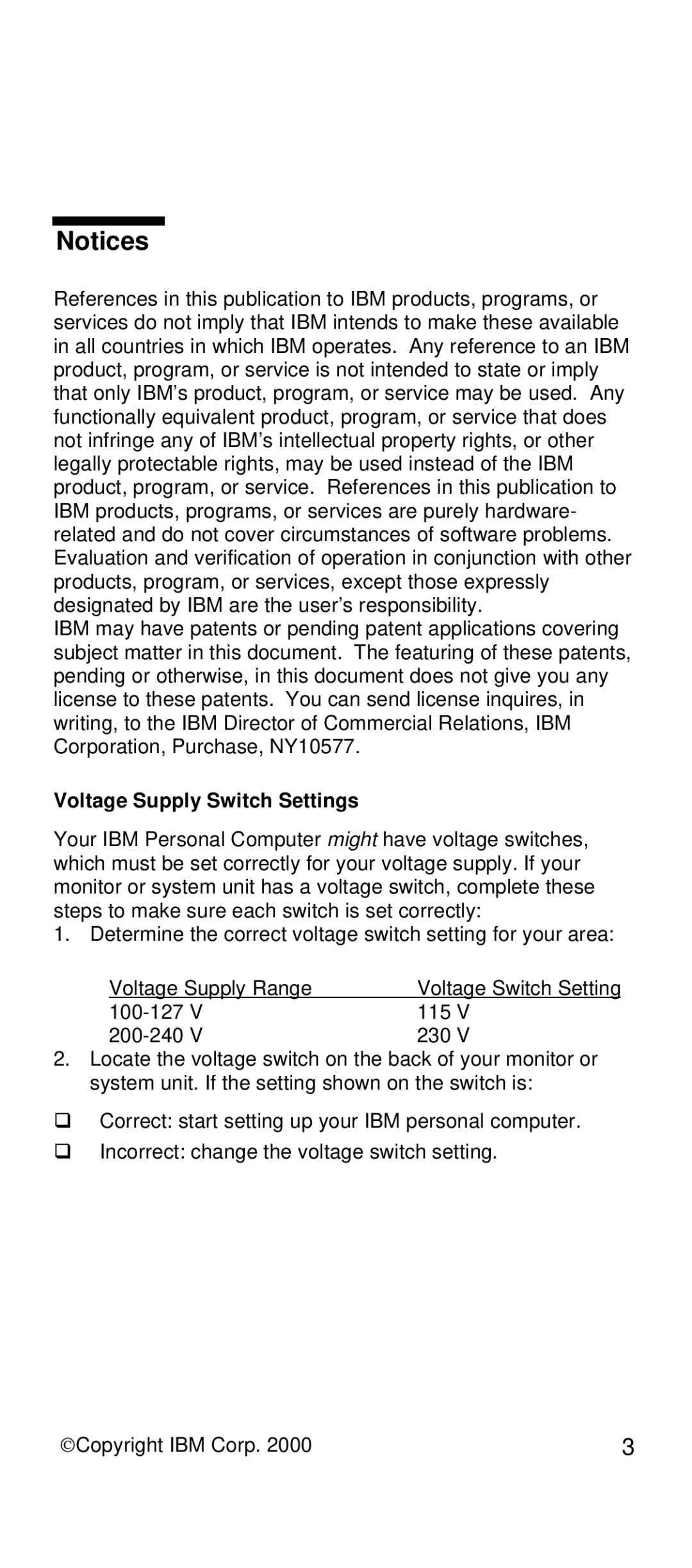 IBM 2169 manual Voltage Supply Switch Settings 