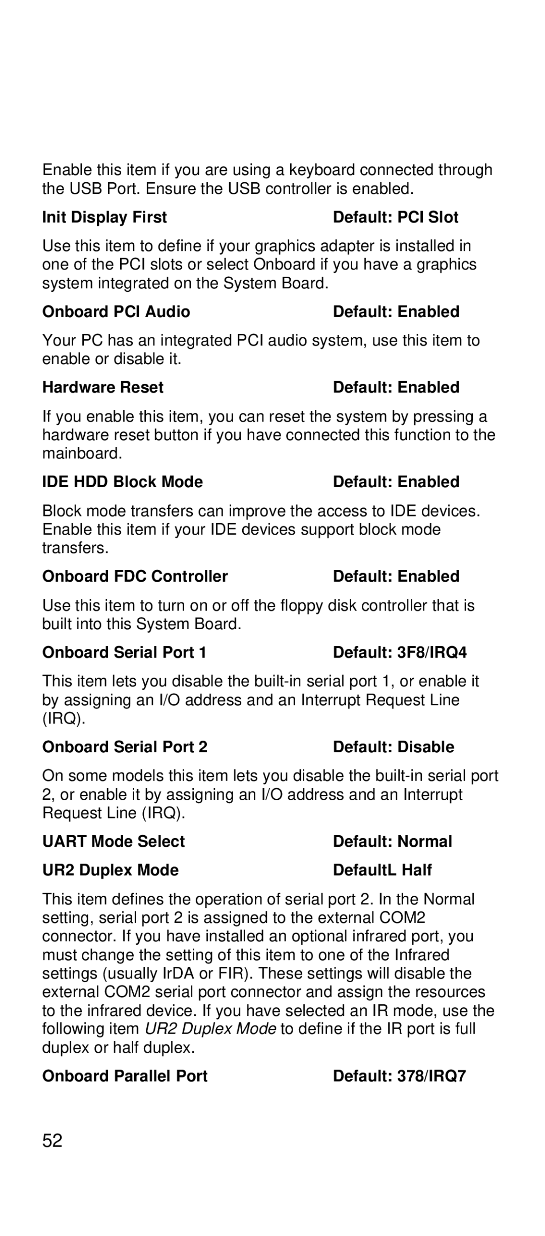 IBM 2169 manual Init Display First, Onboard PCI Audio, Hardware Reset, IDE HDD Block Mode, Onboard FDC Controller 