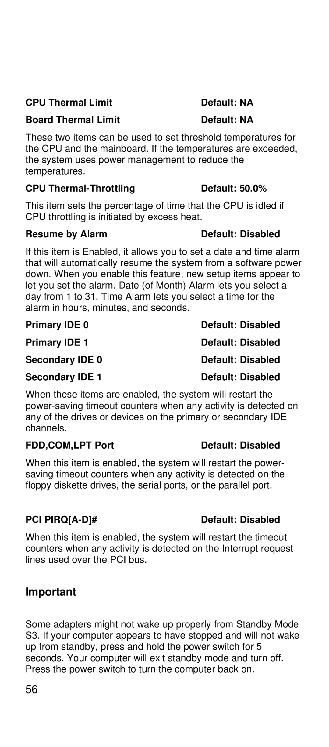 IBM 2169 manual CPU Thermal Limit, Board Thermal Limit, CPU Thermal-Throttling, Resume by Alarm, Primary IDE, Secondary IDE 