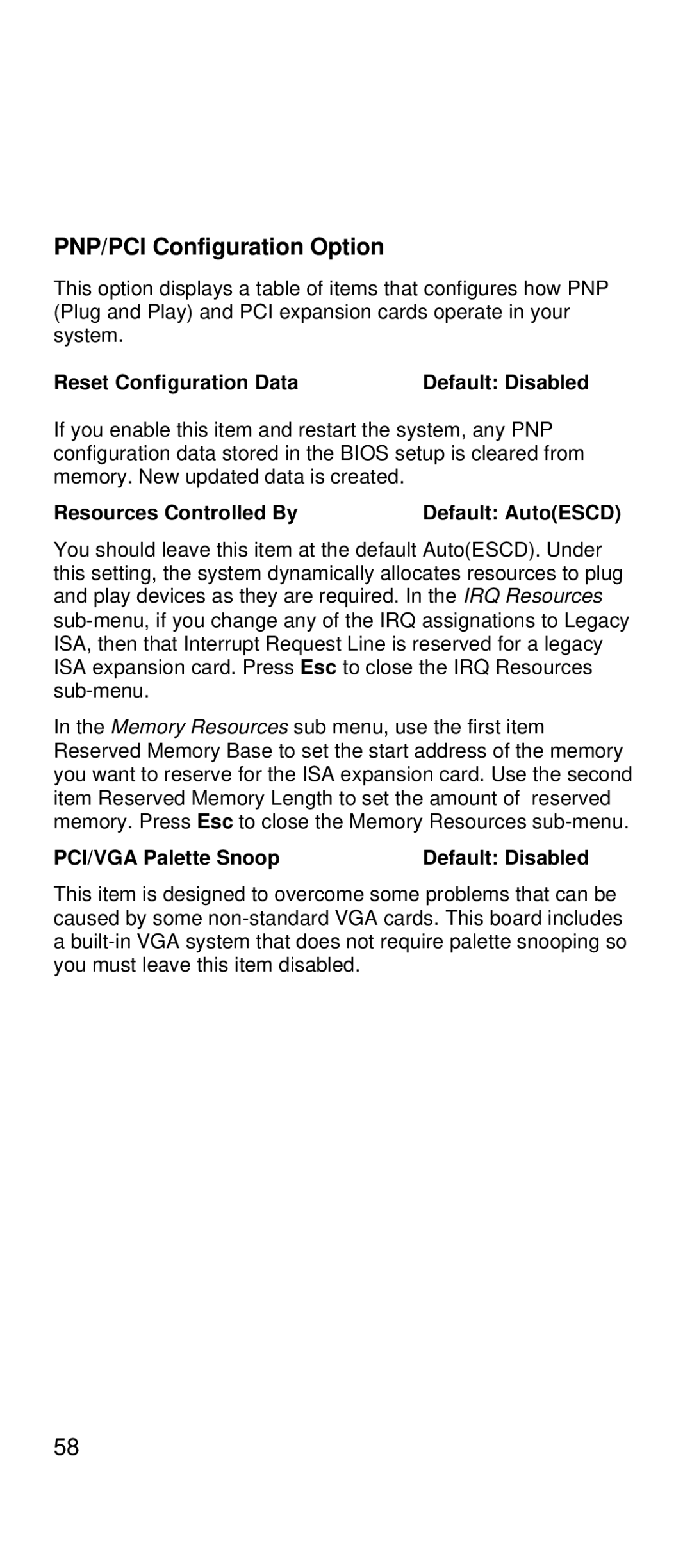 IBM 2169 manual PNP/PCI Configuration Option, Reset Configuration Data, Resources Controlled By, PCI/VGA Palette Snoop 