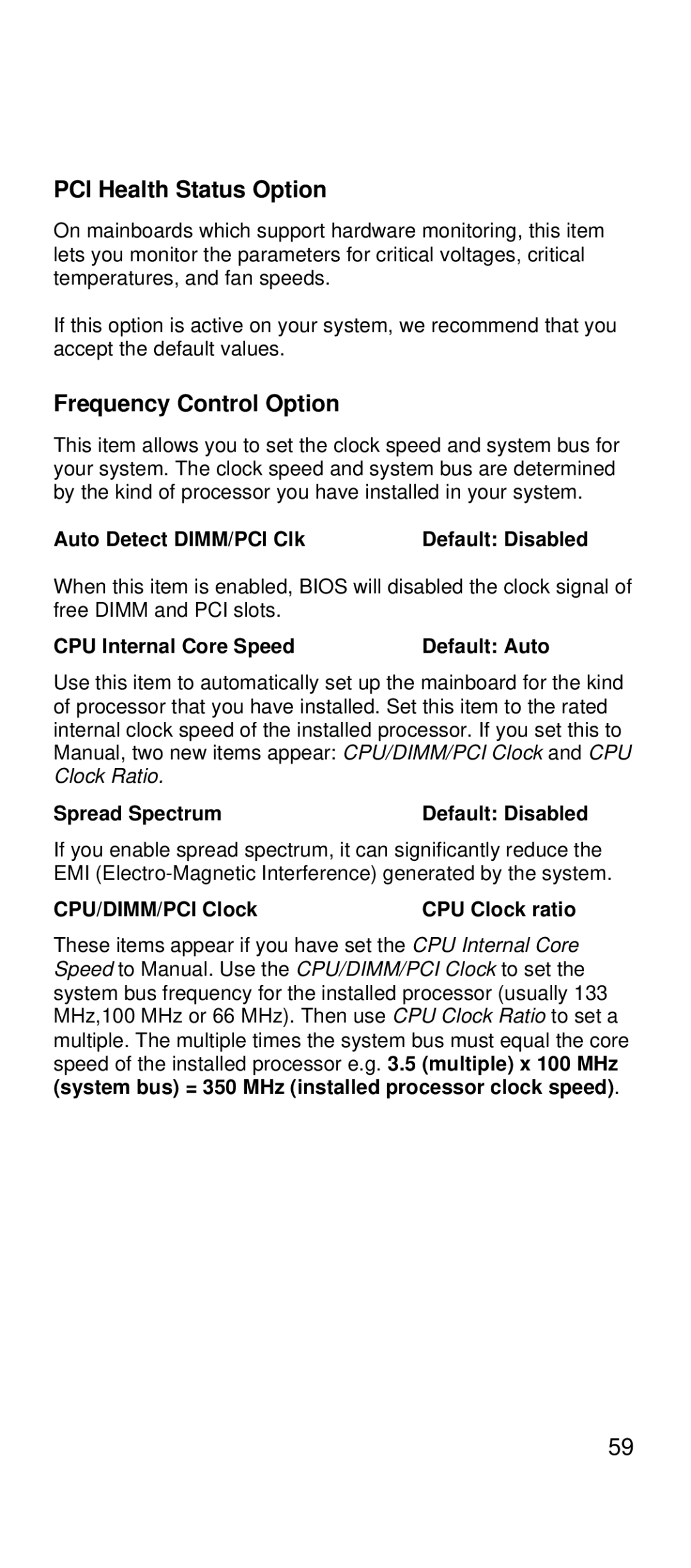 IBM 2169 manual PCI Health Status Option, Frequency Control Option 