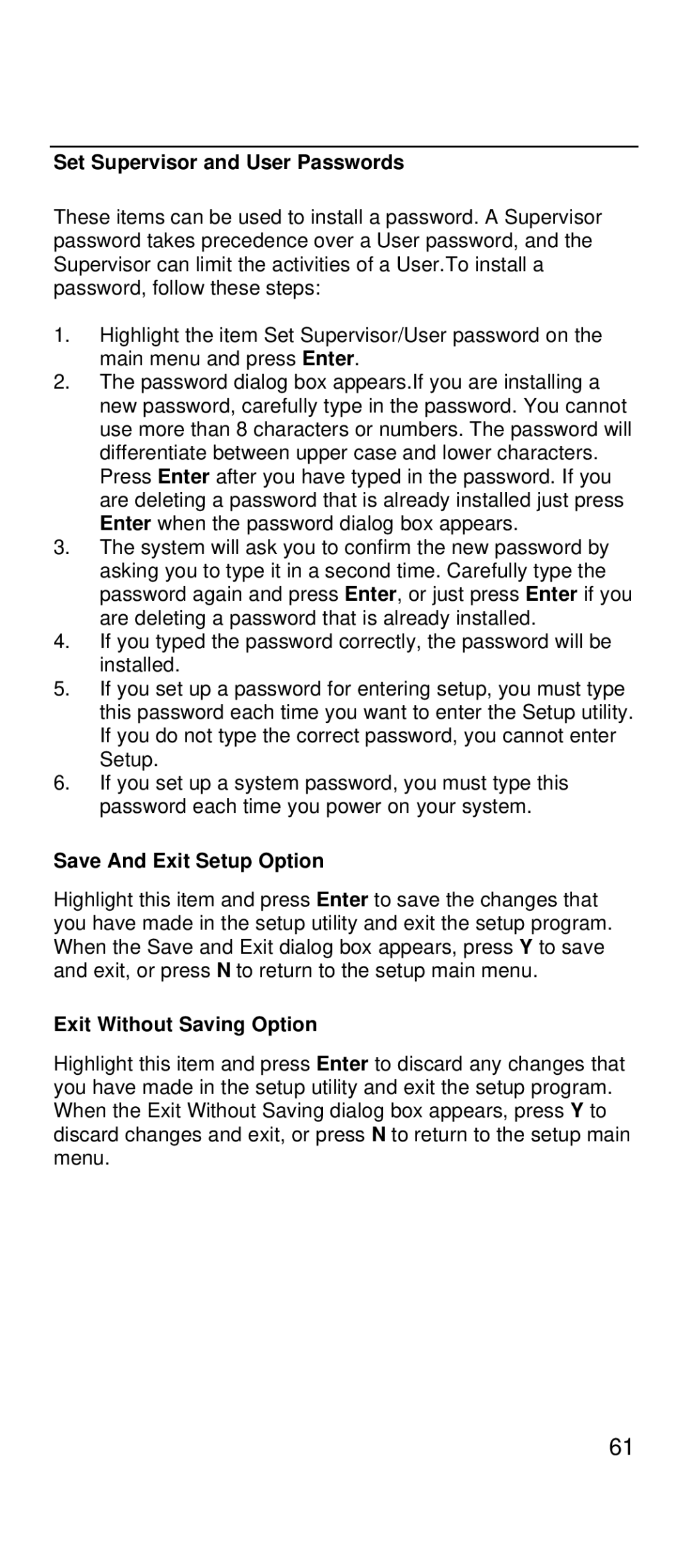 IBM 2169 manual Set Supervisor and User Passwords, Save And Exit Setup Option, Exit Without Saving Option 