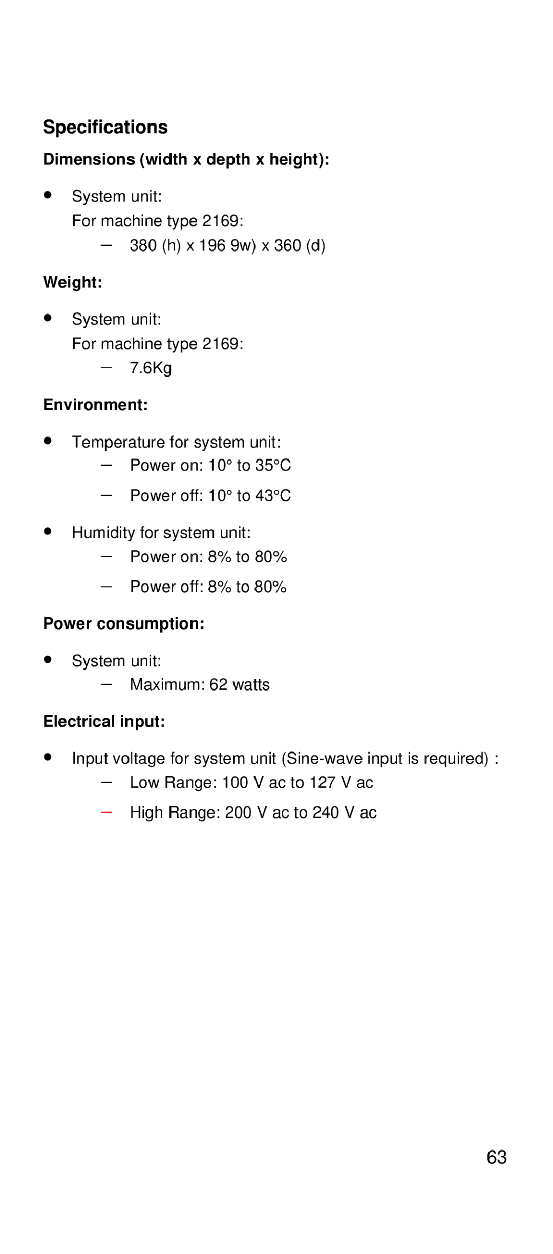 IBM 2169 manual Specifications 