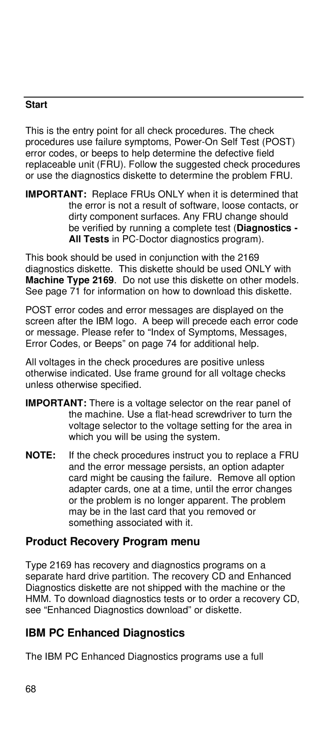 IBM 2169 manual Product Recovery Program menu, IBM PC Enhanced Diagnostics, Start 