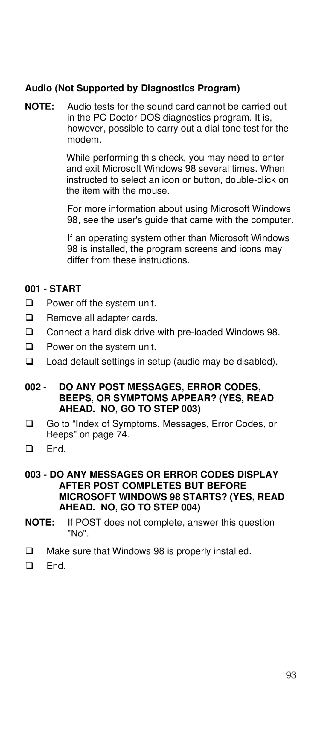 IBM 2169 manual Audio Not Supported by Diagnostics Program 